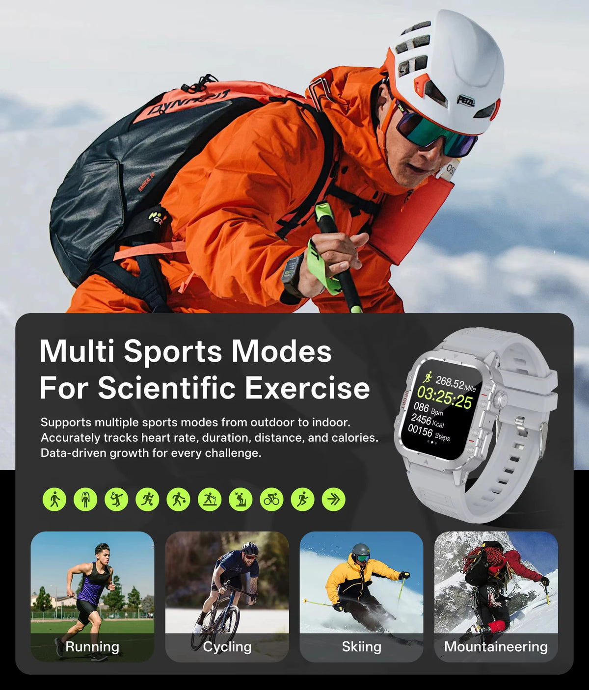 Smartwatch sportivo 2026 con monitor cardio, SpO2, sonno e torcia LED