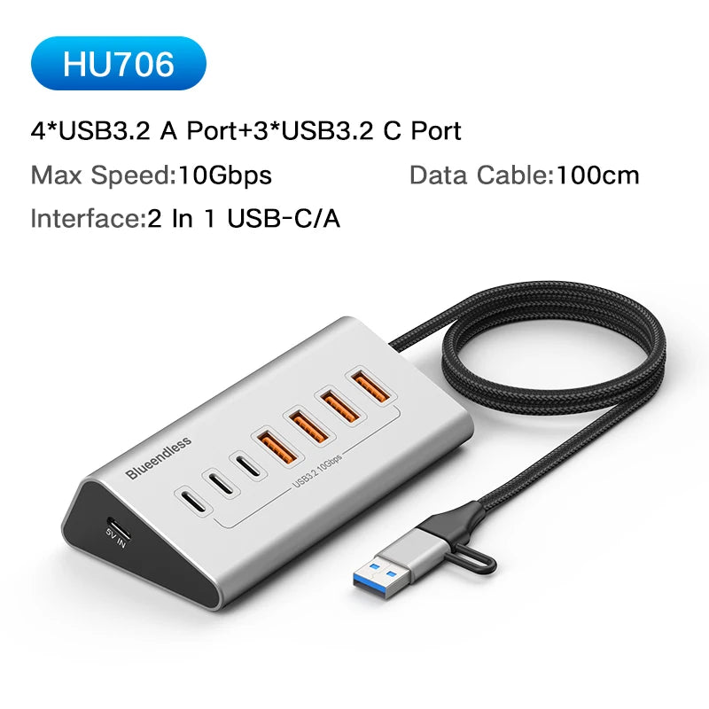Hub docking USB‑C 10 Gbps 4/10 porte alluminio con lettore SD/TF