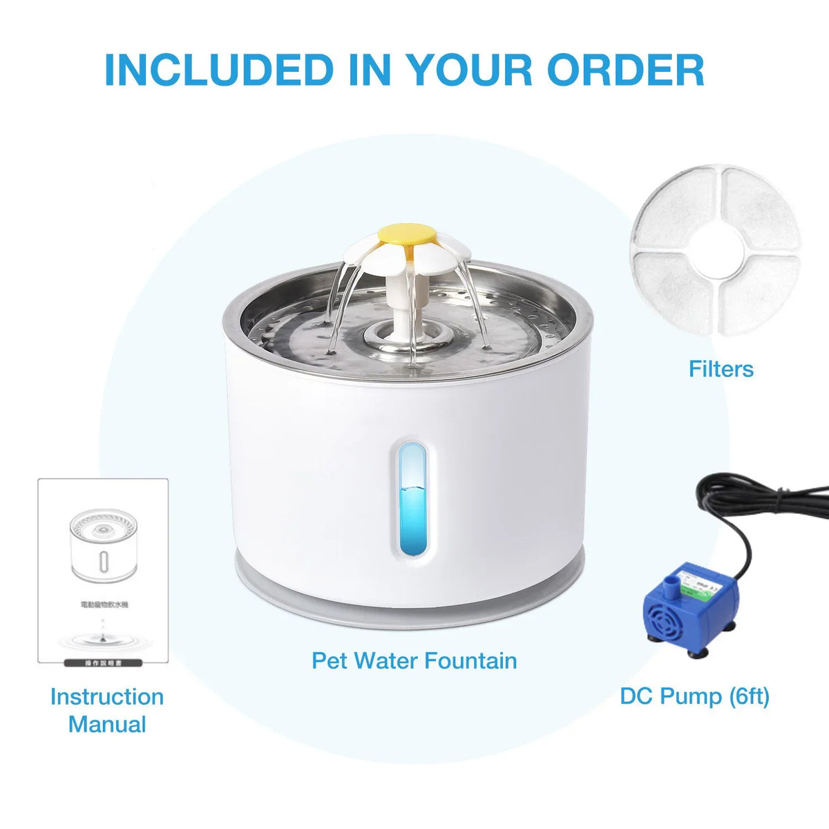 Fontana d'acqua per gatti 3,2 L in acciaio inox, USB, silenziosa con luce LED