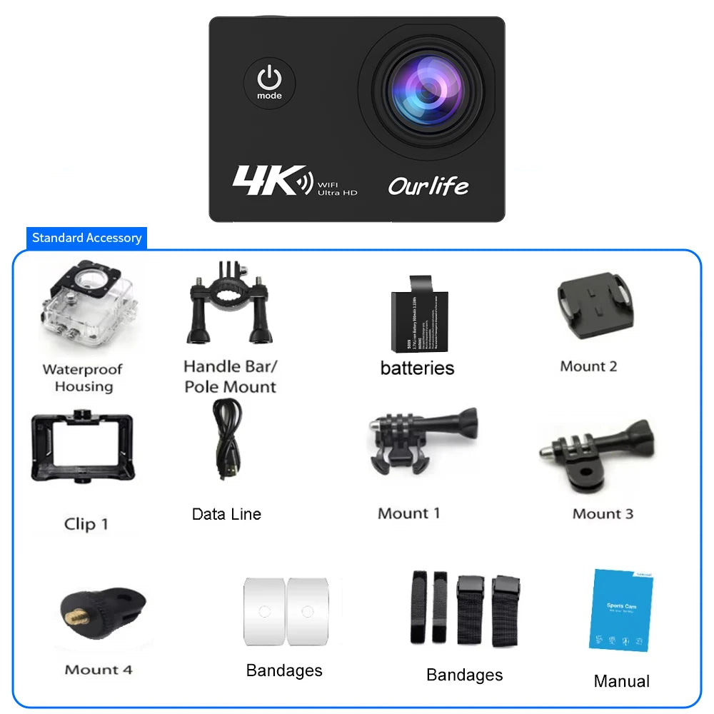 Action Camera Ultra HD 4K 16MP WiFi 2.0" Impermeabile 30M Sport