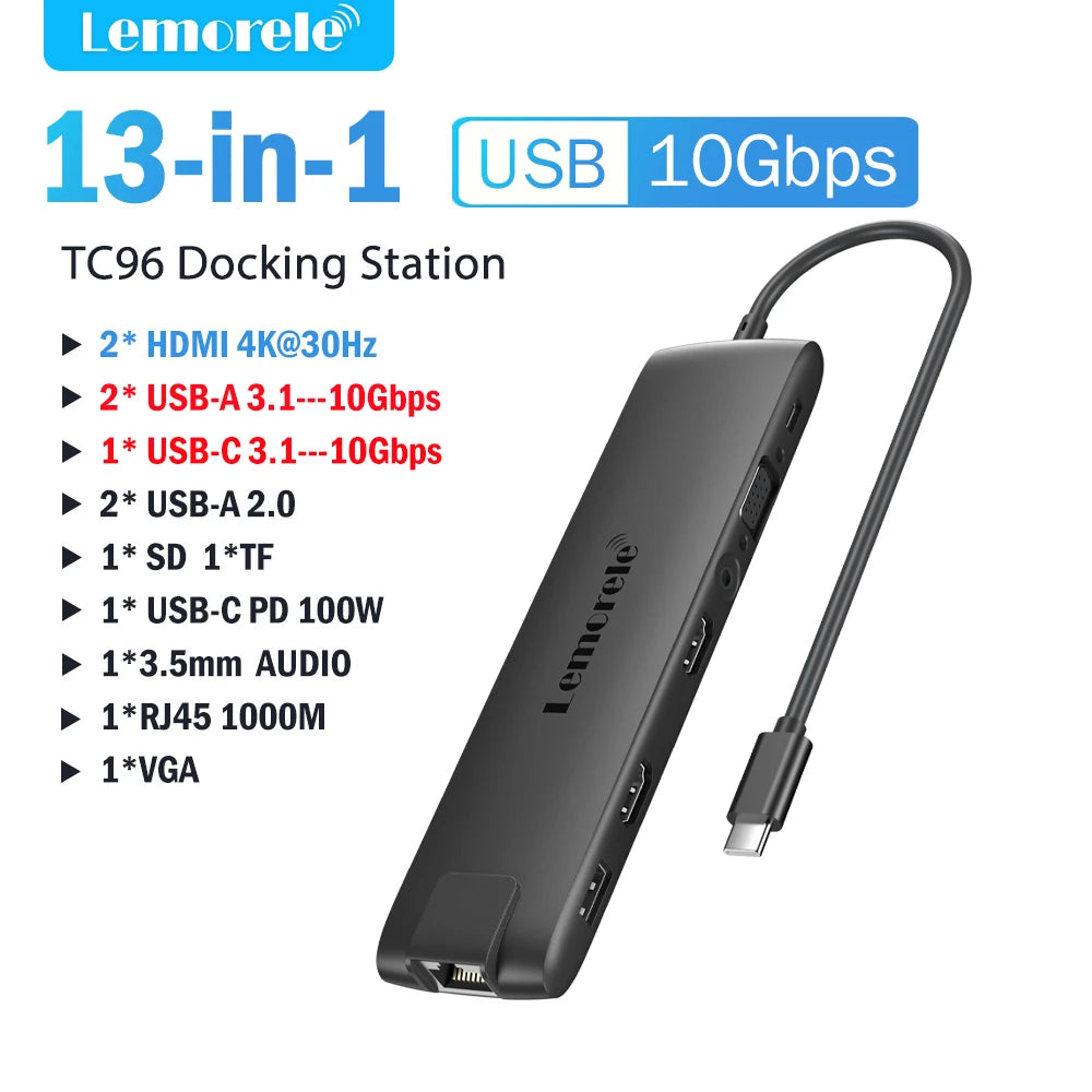 Docking Station USB‑C 13‑in‑1 4K HDMI, VGA, Ethernet, USB 3.0 e lettore SD