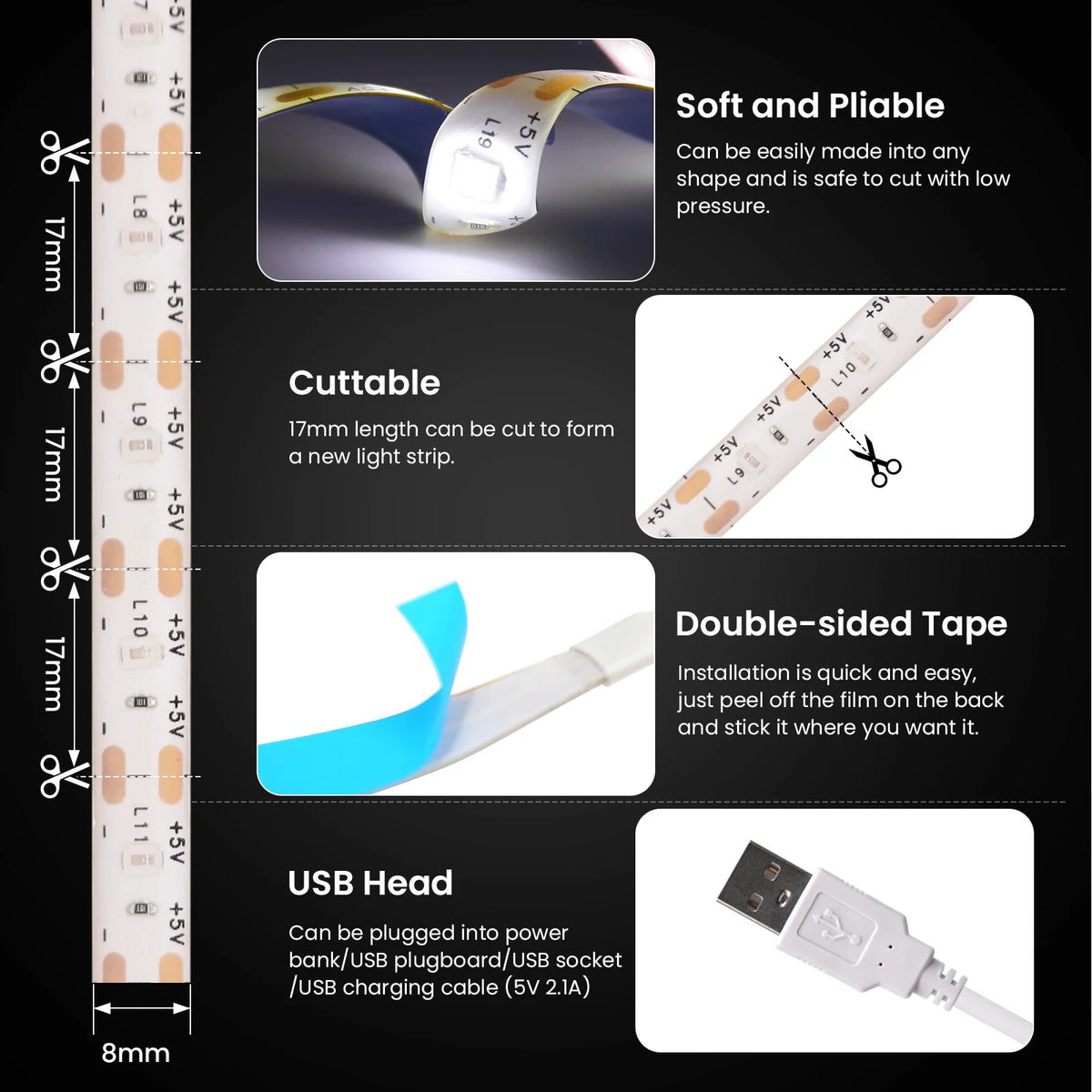 Striscia LED 5V USB 2835, 60 LED/m, luce bianca calda e blu, impermeabile