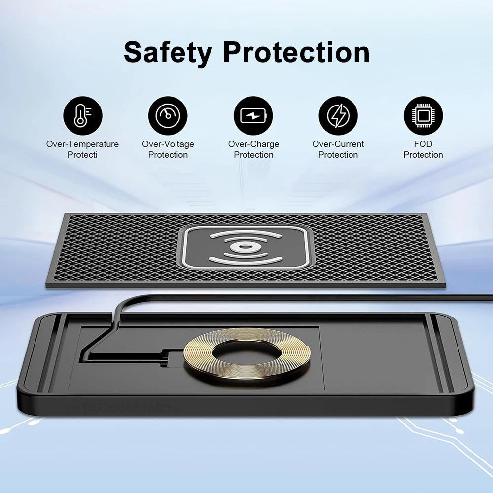 Pad ricarica wireless auto 15W silicone antiscivolo per iPhone e Android