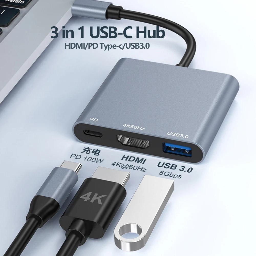 Hub USB‑C 3 in 1 con HDMI 4K 60 Hz, USB 3.0 e Power Delivery 100 W