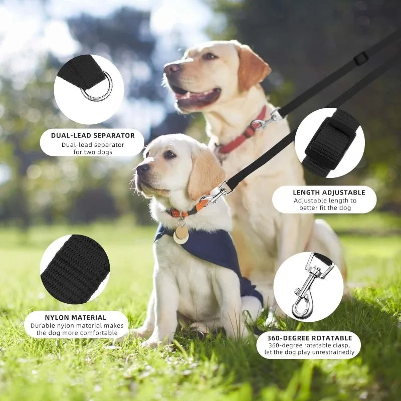Guinzaglio doppio in nylon rinforzato V‑shape regolabile per due cani, colorato