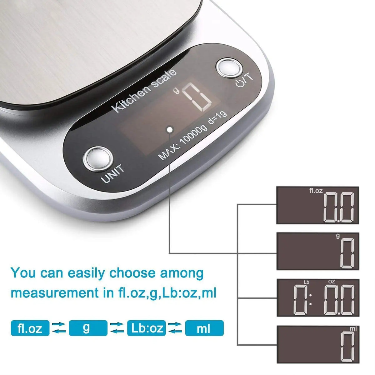 Bilancia da cucina digitale 10 kg, precisione 1 g, unità g/ml/lb‑oz, design…