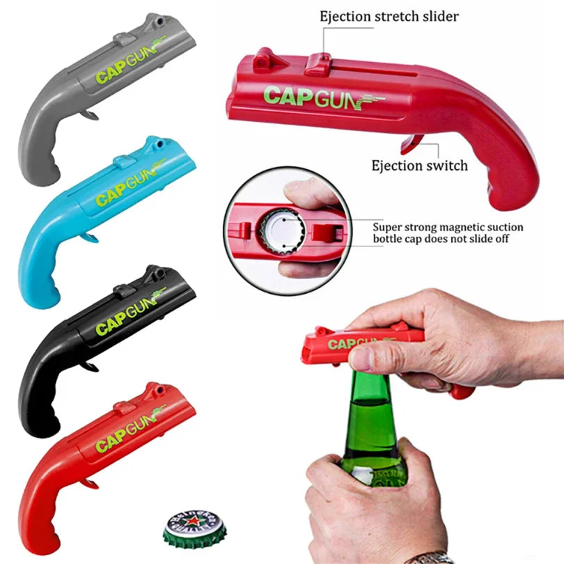 Apribottiglie pistola con lanciatore tappi – portatile e divertente
