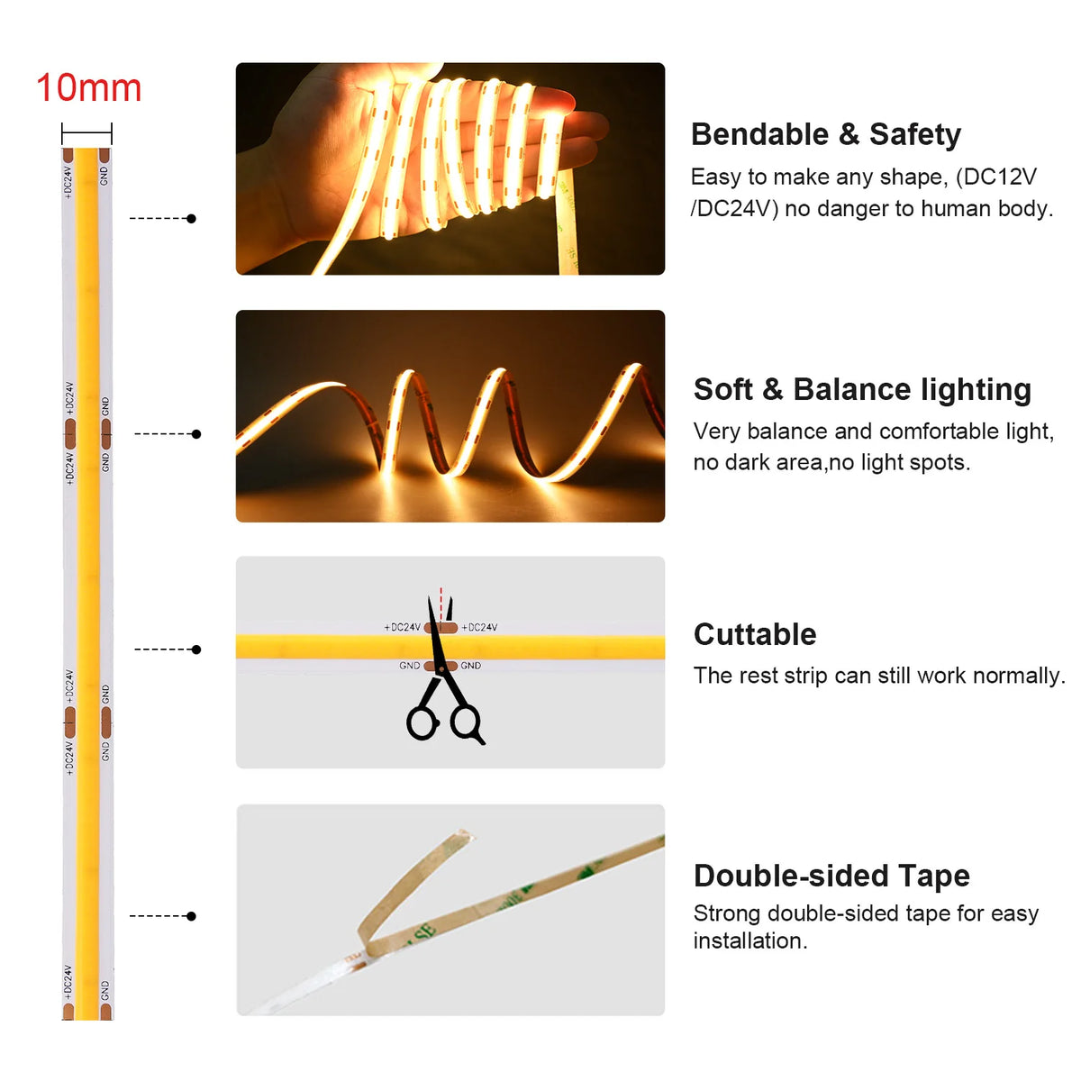 Striscia LED COB dimmerabile 12V/24V 528 LED/m, alta densità, Ra>90, 3000‑6500K