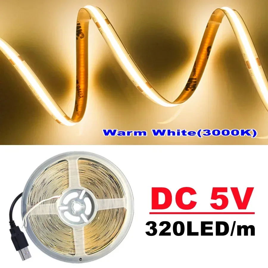 Striscia LED COB 5V 320 LED/m USB, 3000‑6000K, CRI >90, fino a 5 m