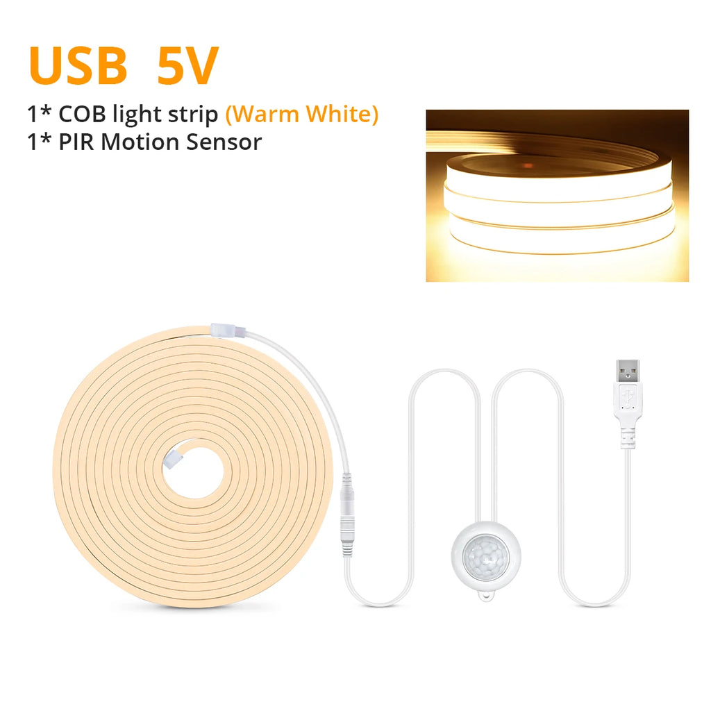 Striscia LED Neon COB con Sensore di Movimento, 320 LED/m, 5V USB, Impermeabile