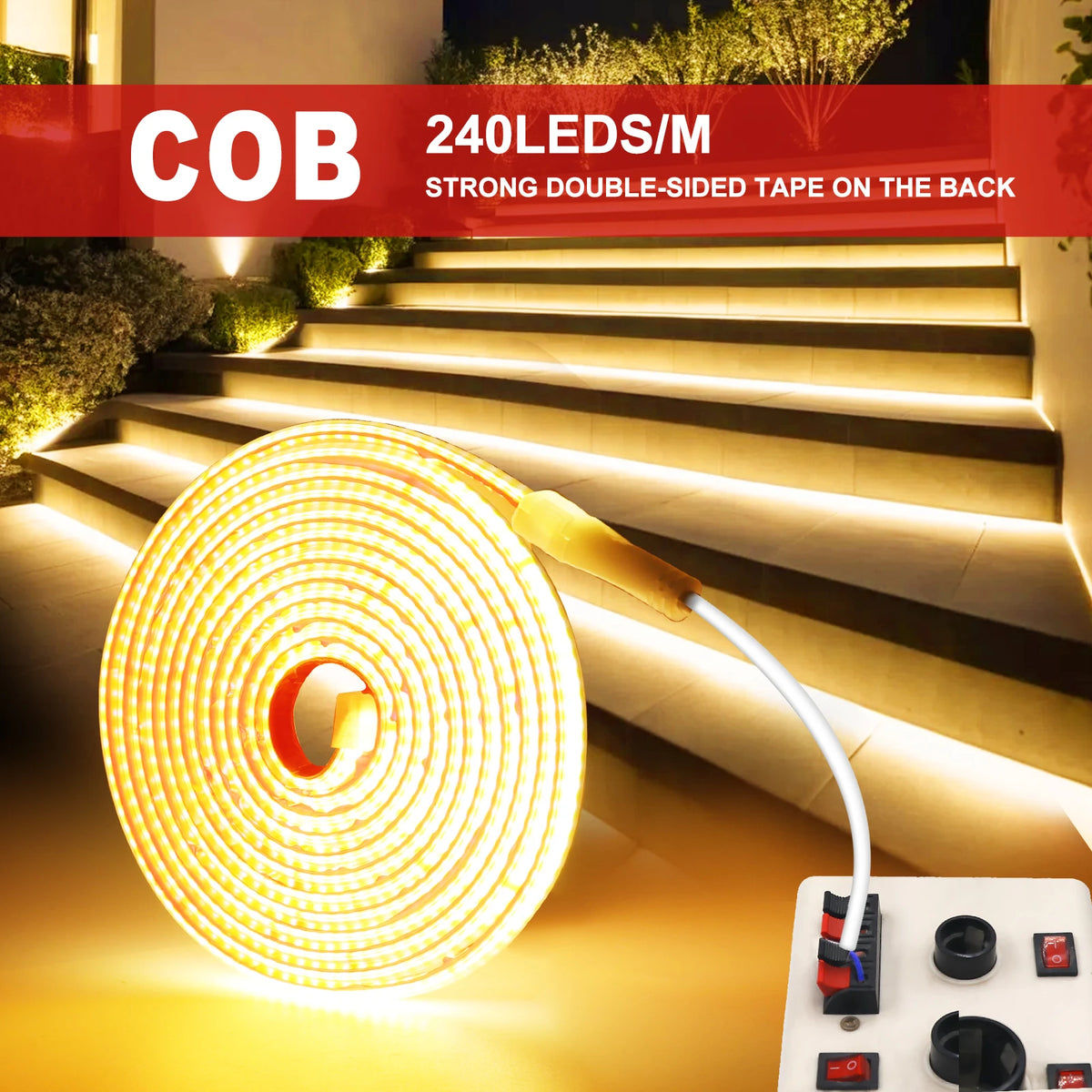 Striscia LED COB 220V 10 mm, 240 LED/m, IP65, 3‑6 kK, autocollante, tagliabile…