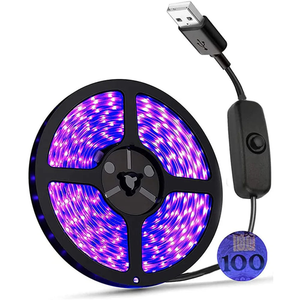 UV Led Strip Light 5V UVA Light 395-405nm SMD2835 Ultraviolet Ray LED Diode Ribbon Purple Tape Lamp USB With Switch 60LEDs/m