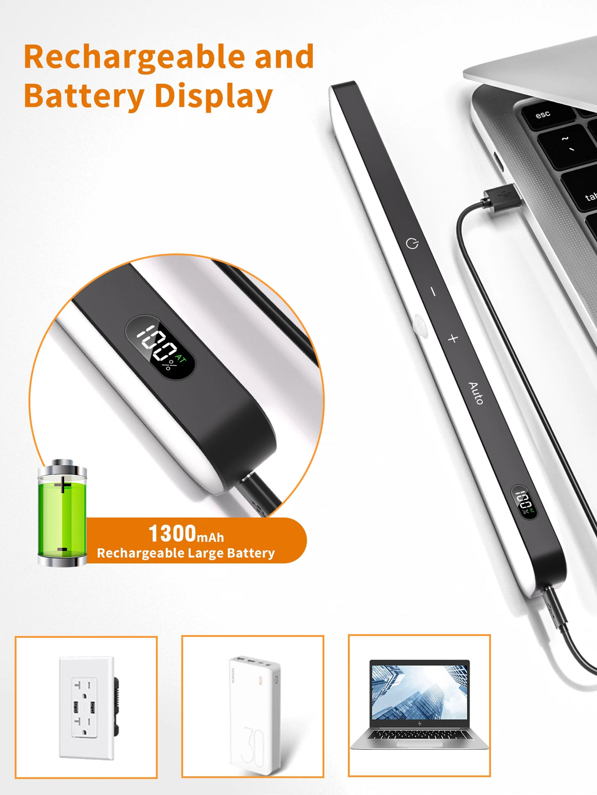 WILLED Motion Sensor Cabinet Warm Light Battery Display 60 LED Touch Light Bar Wireless Rechargeable Battery Night Light